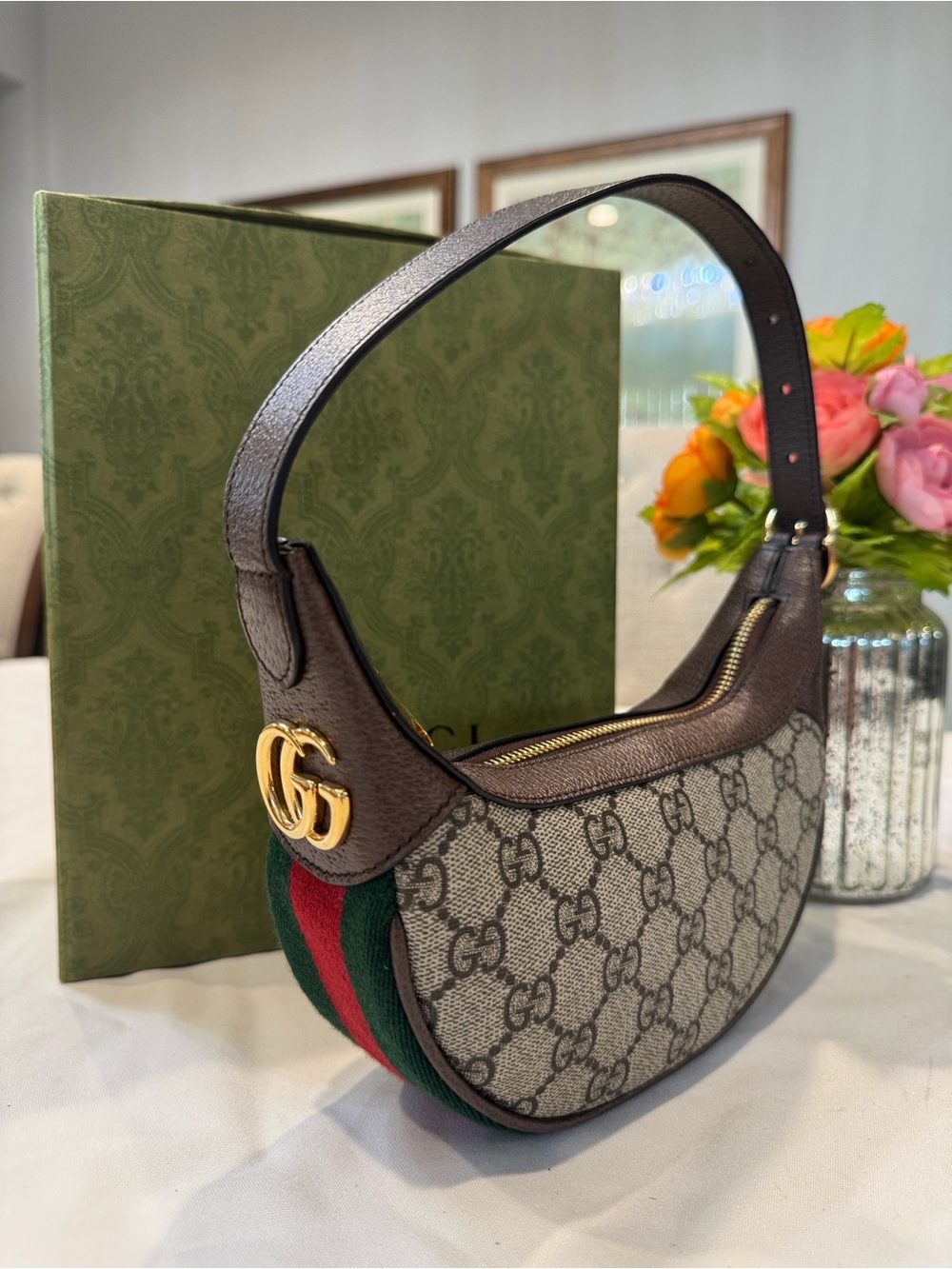 Authentic Gucci GG Supreme Mini Shoulder Bag with Red-Green Web Stripe